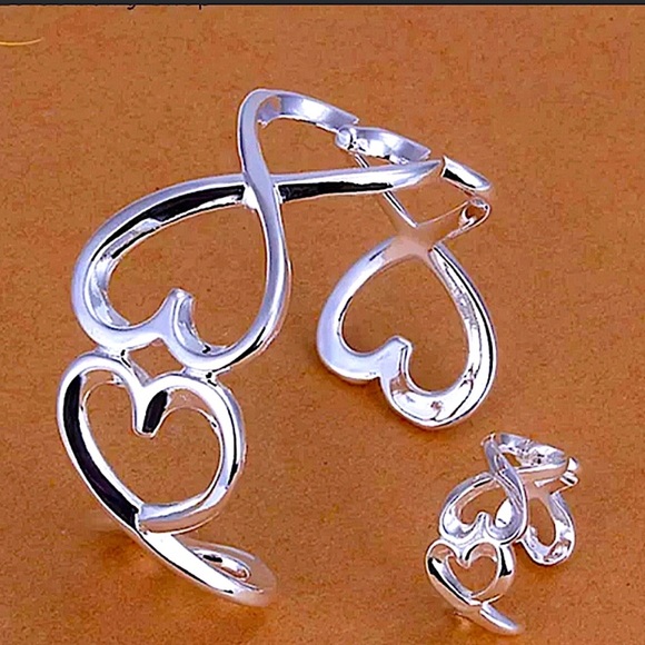 Hollow Out Heart Design Sterling Silver Cuff Bangle Bracelet - Picture 1 of 8